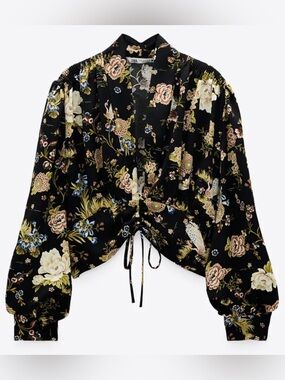 Zara Black Floral Multicolor V-Neck Puff Sleeve Crop Tie Blouse